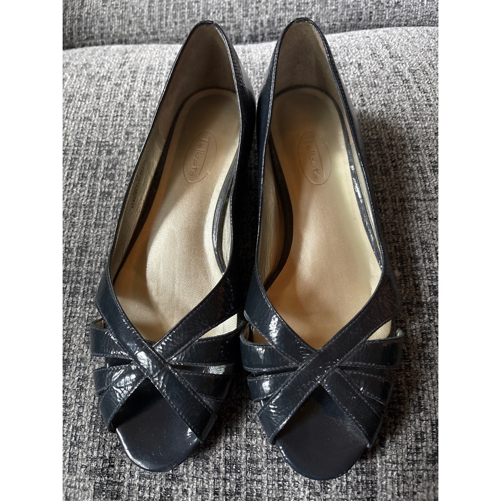 Talbots Navy‎ Blue Patent Leather Peep Toe Wedge Flats Shoes  9B Made in Brazil